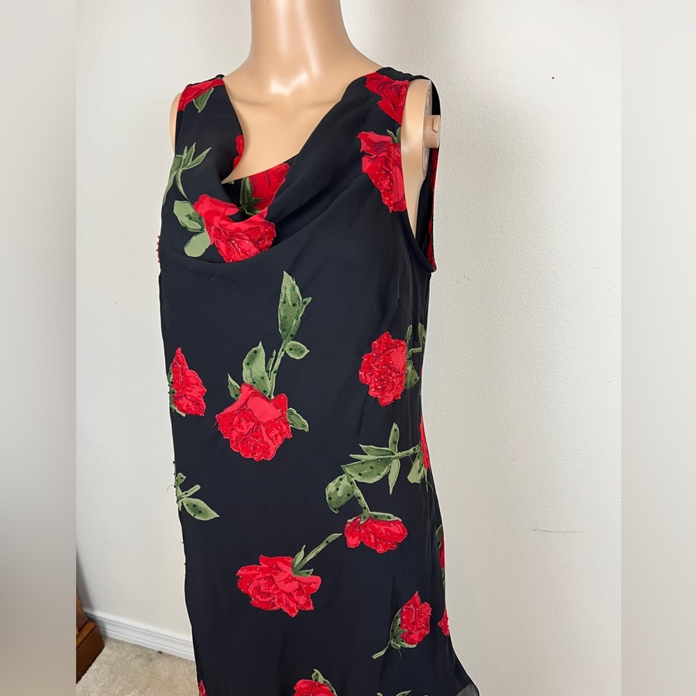 Rose Floral Dress Size 12 Black Midi Slip Dress with Red Rose Print